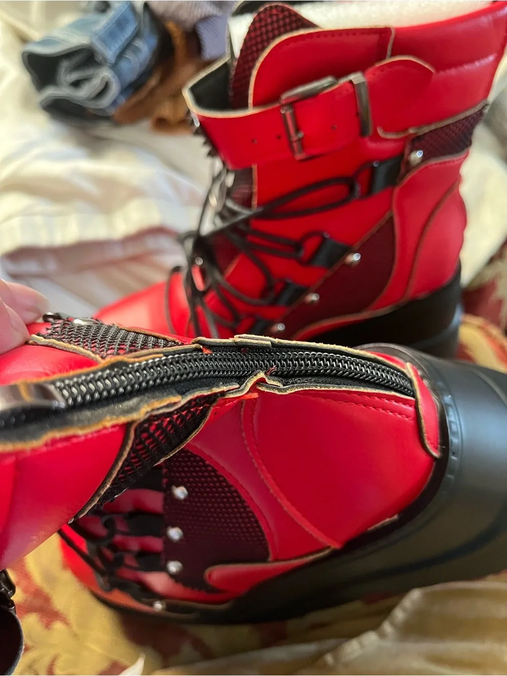 Red Studded Platform Combat Boots - Women - Picture 3 of 5